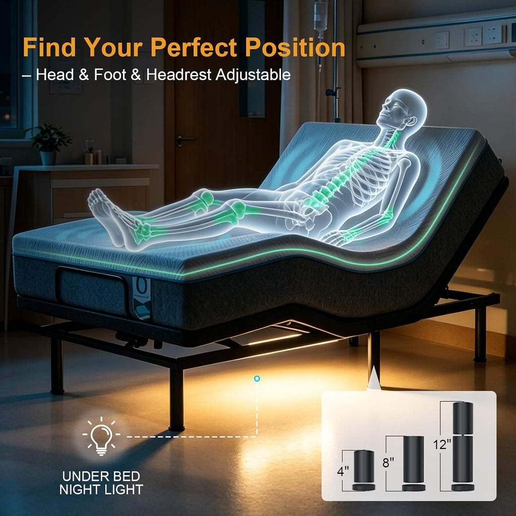 Split King Adjustable Bed Frame with Head and Foot Lift & Head-Pillow-Tilt, Electric Bed Base with Under-Bed LED