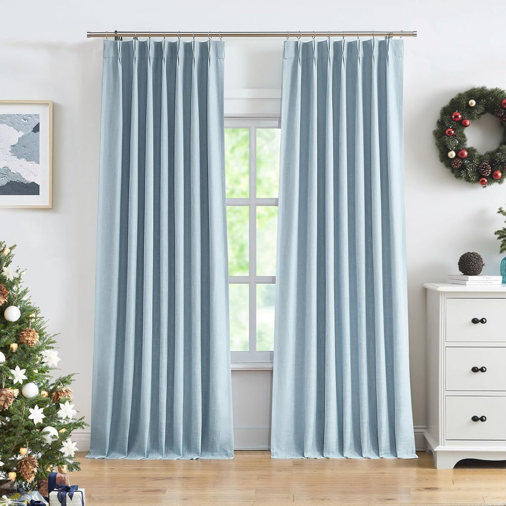 Dusty Blue Pinch Pleated Full Blackout Curtains Linen Texture Thermal Insulated Window Treatment Panel 84 Inch for