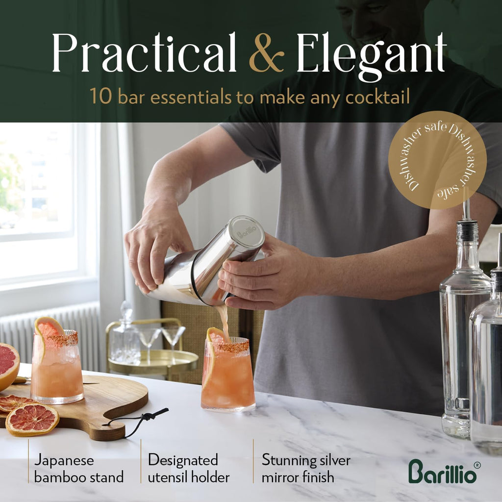 Elite Mixology Bartender Kit with Stand - Cocktail Shaker Set with Bamboo Stand, Boston Drink Shaker, Mojito Muddler - Set of 7