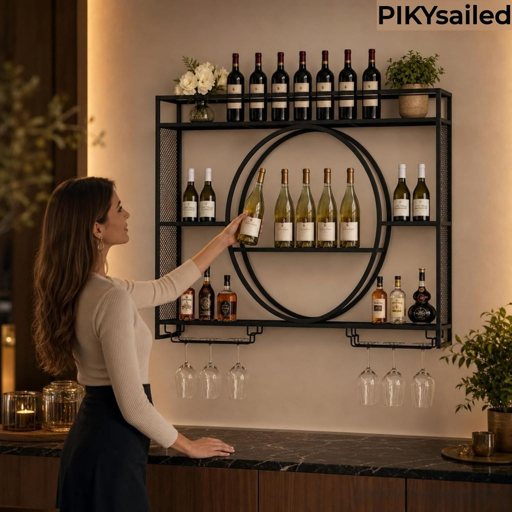 39 Inch Metal Wall Mounted Wine Rack, 3 Tier Bar Shelves with Glass Holder, Large Capacity Modern Liquor Shelves Bar