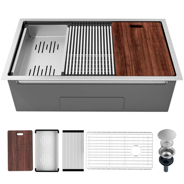 32 Inch Undermount Workstation 16 Gauge 304 Stainless Steel Single Bowl Kitchen Sink Handmade Smart Sinks with