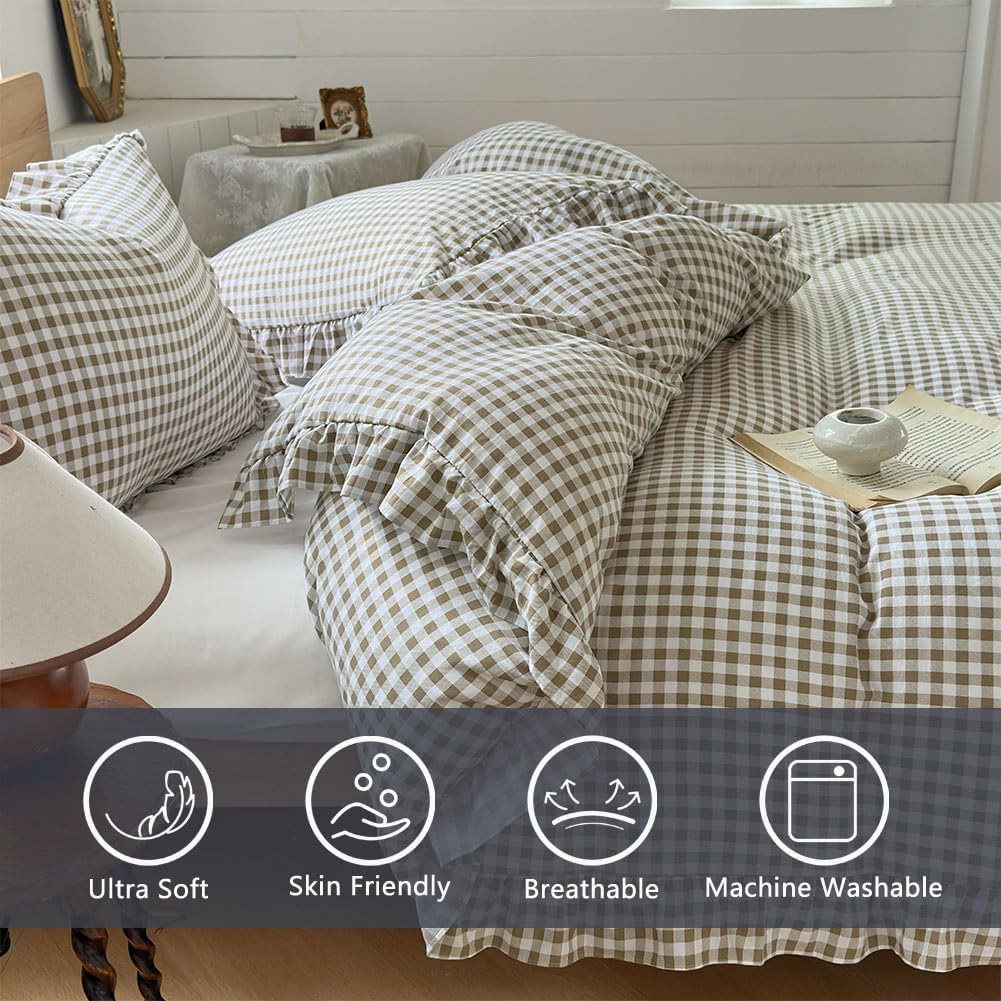 Tan Gingham Ruffle Duvet Cover King, 3 Pieces Taupe Soft Pre-Washed Microfiber Checked Plaid Comforter Cover Set