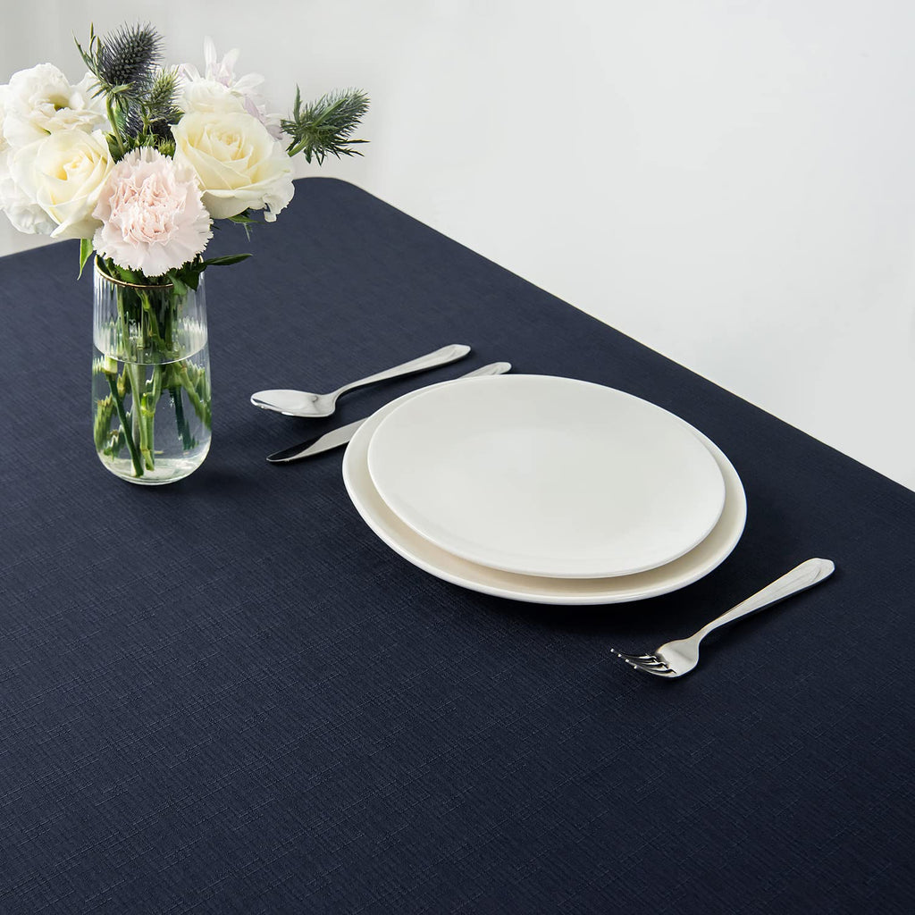 2 Pack 60 x 84 Inch Navy Faux Linen Textured Rectangle Tablecloth Water Resistant Wrinkle Free Spill-Proof, Soft