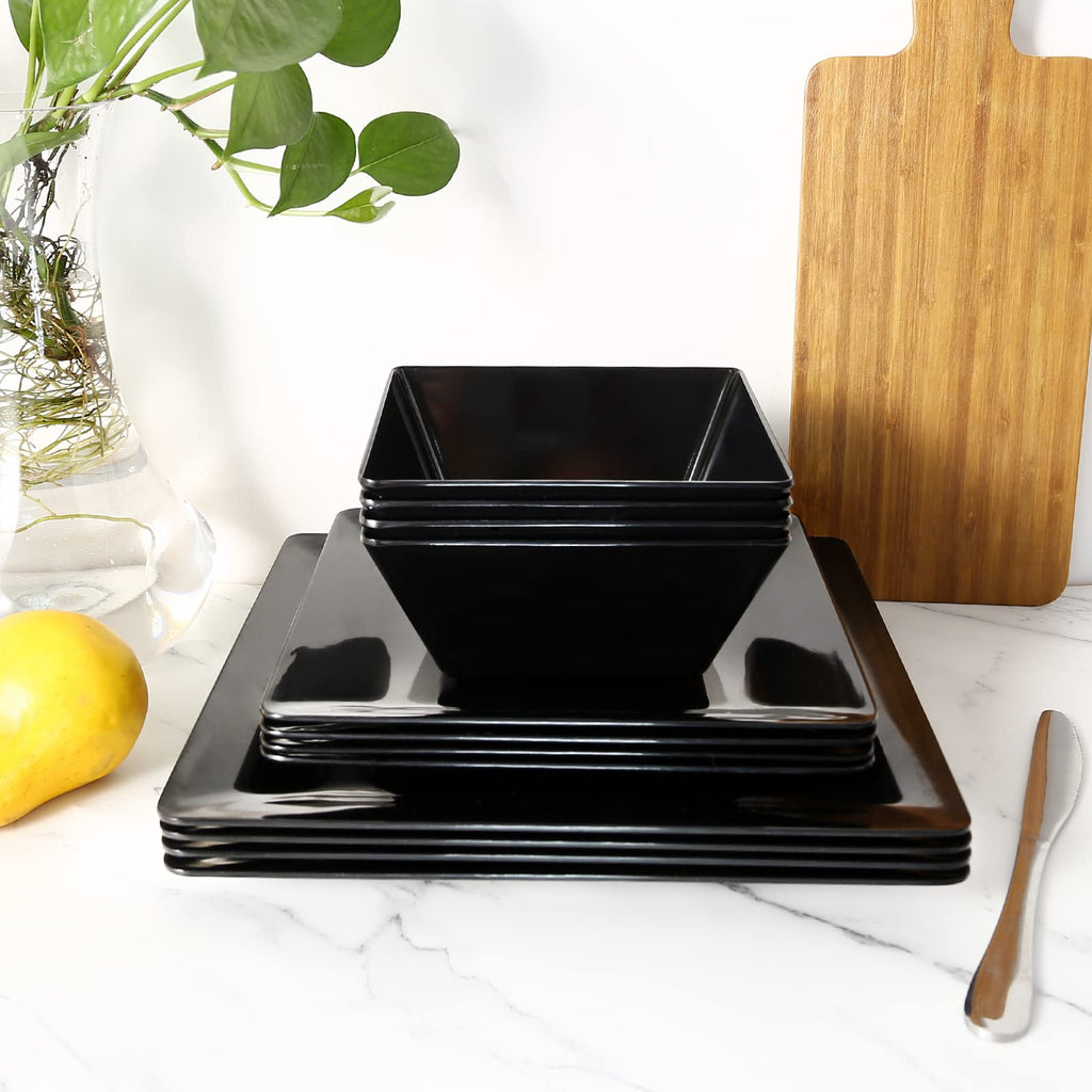 TP 12-Piece Melamine Dinnerware Sets, Square, Service for 4, Black
