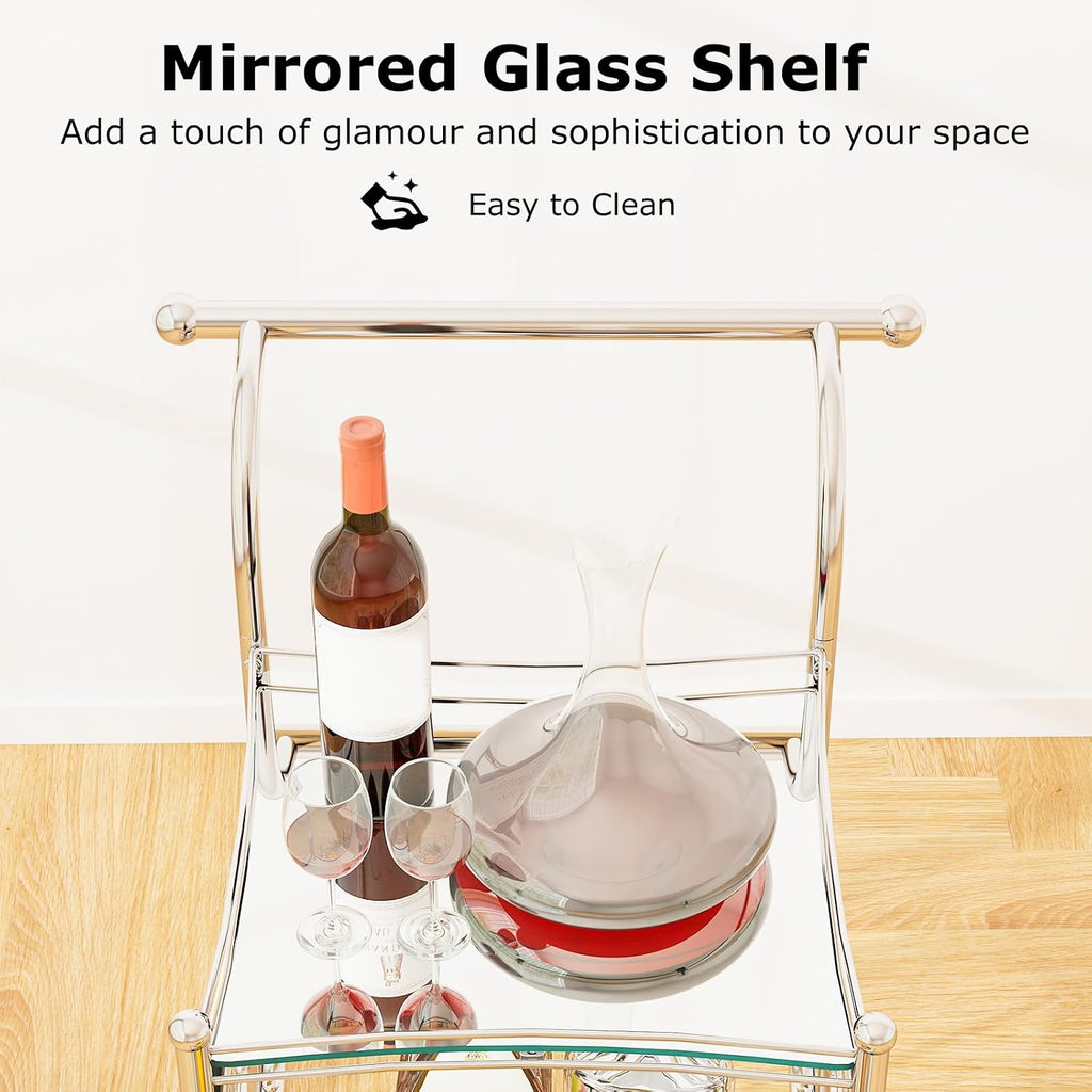 Bar Cart, 3-Tier Rolling Home Bar Serving Cart with Mirrored Shelves & 4 Wheels, Mobile Beverage & Wine Cart (Silver)