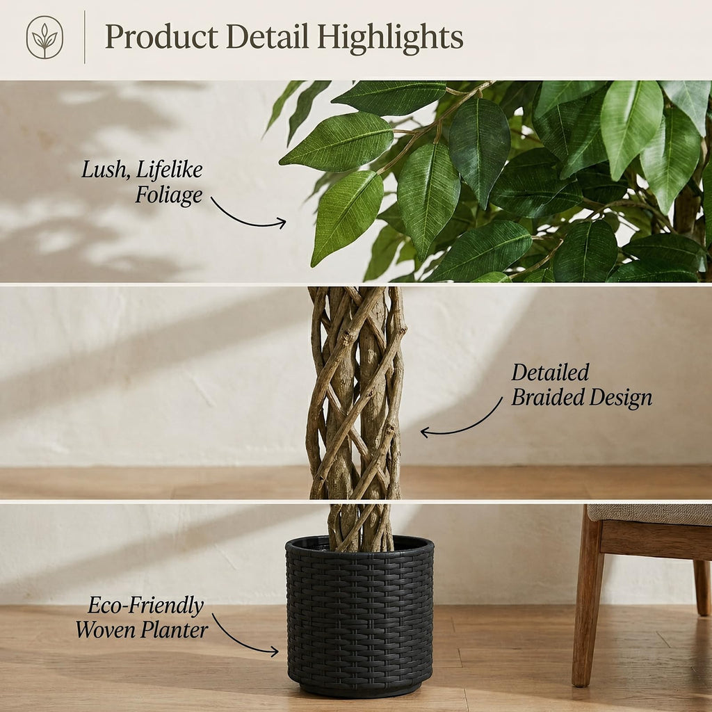 Artificial Ficus Tree:6FT Tall Faux Silk Floor Plant (Black Planter)