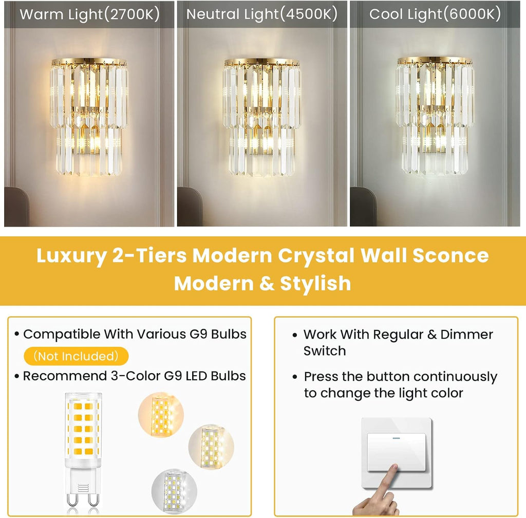 2-Lights Modern Crystal Wall Light, 2-Tiers Crystal Bedside Wall Mount Lighting Fixture, Mirror Gold Stainless Steel