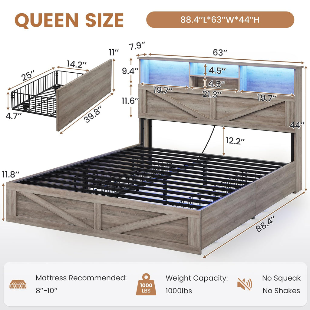 Farmhouse Bed Frame with Bookcase Storage Headboard, Charging Station and LED Lights, Wooden Bed