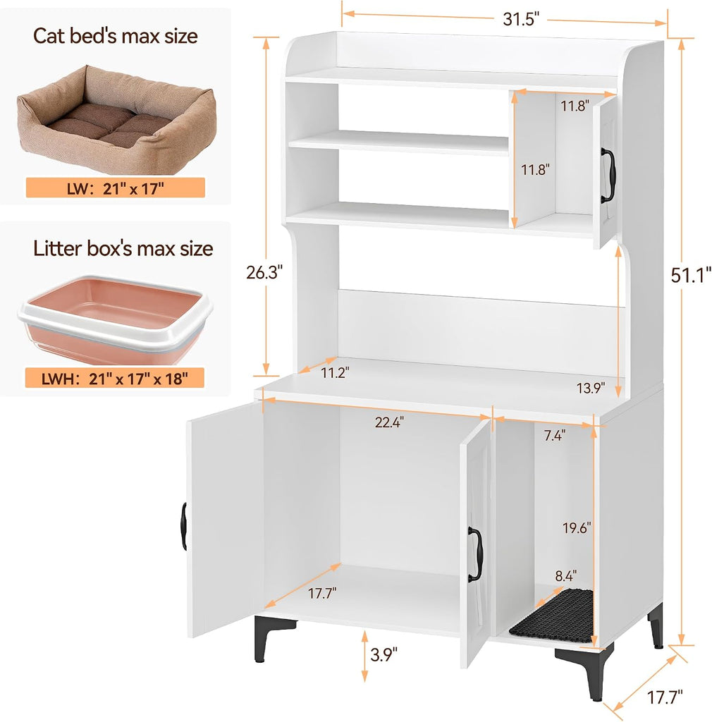 Cat Litter Box Enclosure with 4 Shelves and Storage Cabinet, 51.1 inch Tall Wood Hidden Litter Box Furniture