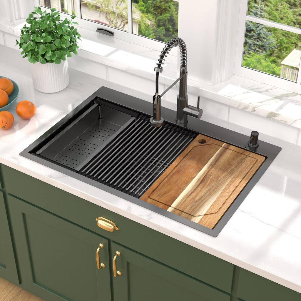 Drop Sink - 33x22 Drop In Gunmetal Black Kitchen Sink with Faucet Combo Workstation NANO-PVD 16 Gauge Stainless Steel