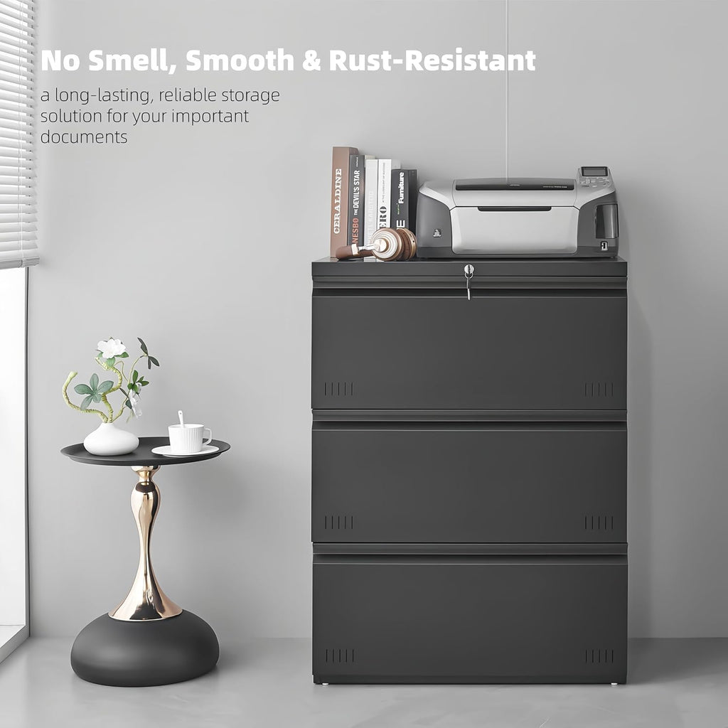 Lateral 3 Drawer File Cabient with Lock, Metal Filing Cabinets, Heavty Duty Office Storage Cabinet for