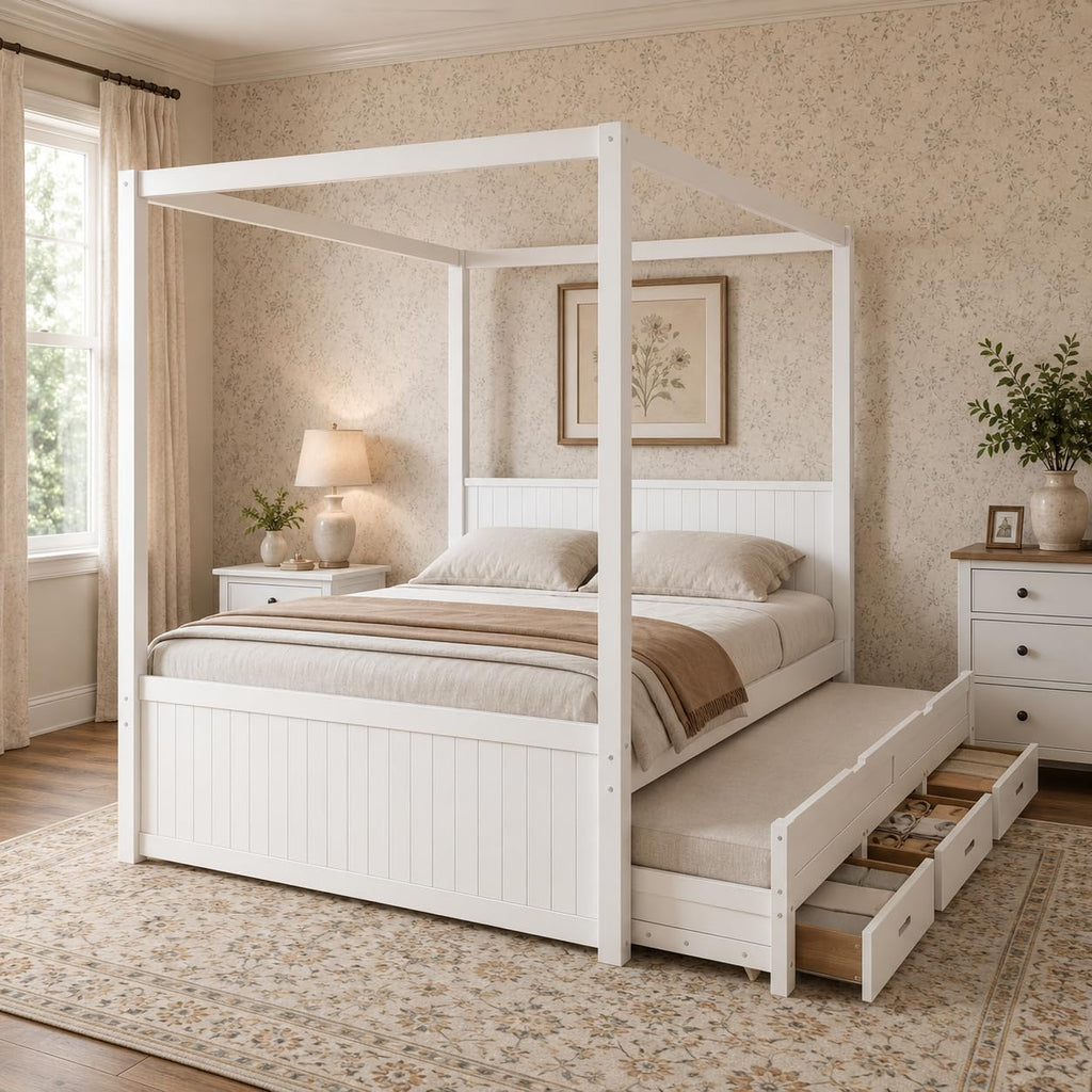 Canopy Bed Frame, Farmhouse Wood 4 Poster Platform Bed with Storage Drawers and Trundle, No Box Spring