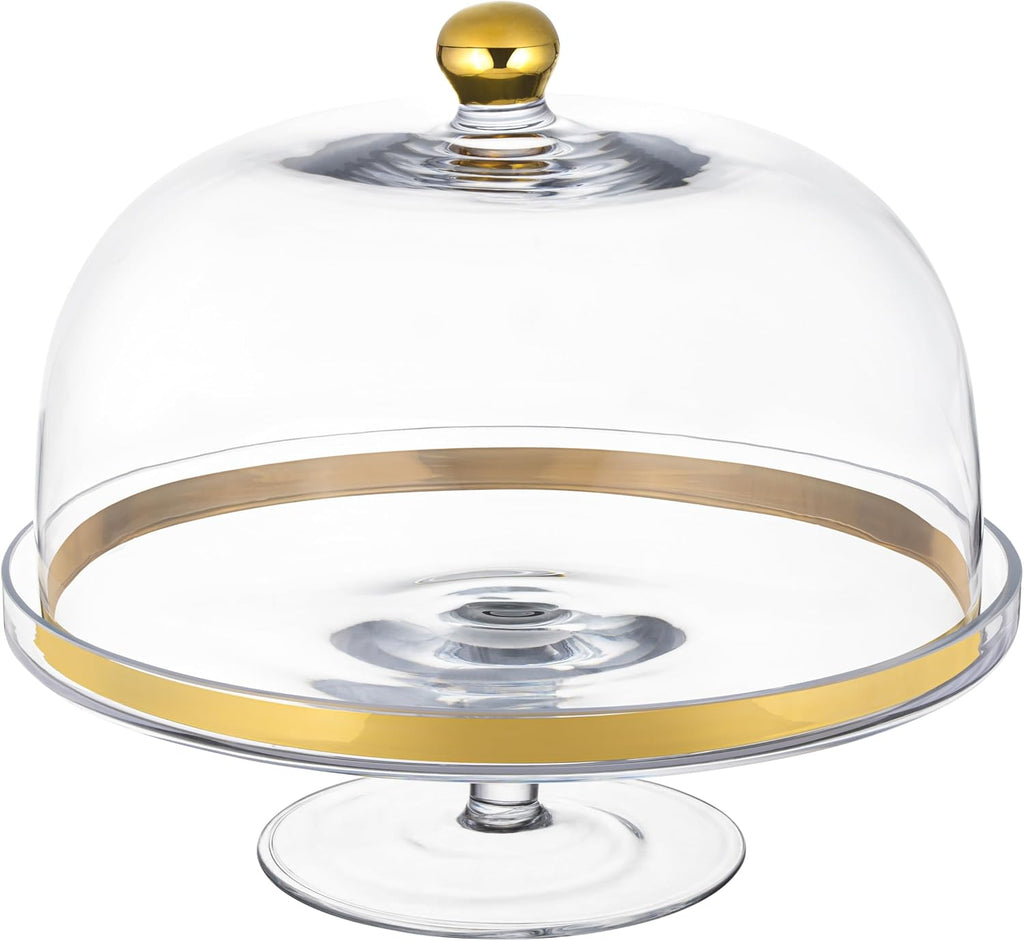 Glass - Cake Stand - and - Dome - with - Gold Rim - and - Gold Knob - for - Cake - Fruit - Cheese - 11.75" Diameter