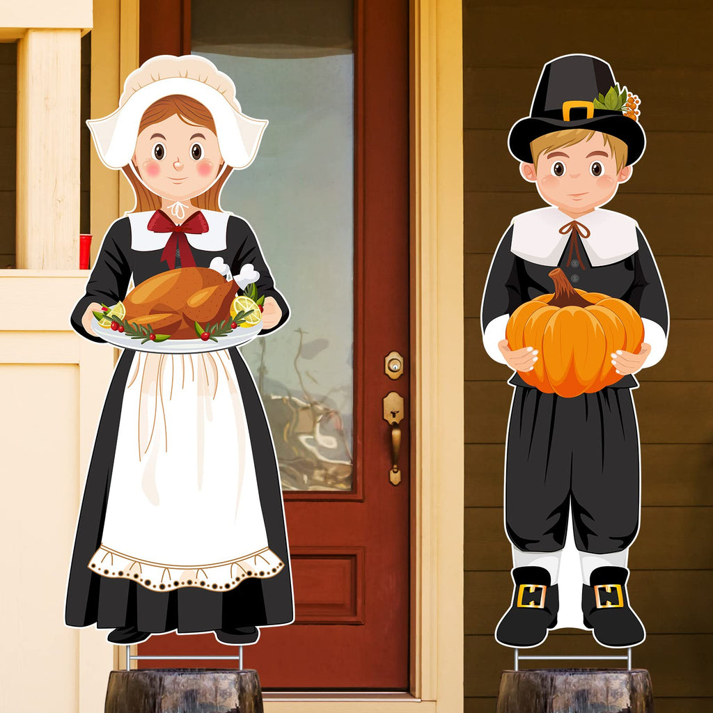 2 Pcs Large Thanksgiving Pilgrim Yard Sign Decor, 33 x 12.6in