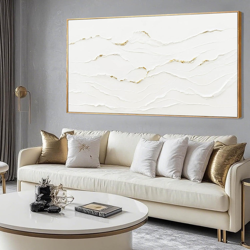 Minimalist White and Gold Line Artwork with Frame Hand Painted Abstract Canvas Wave Wall Art Living Room Office
