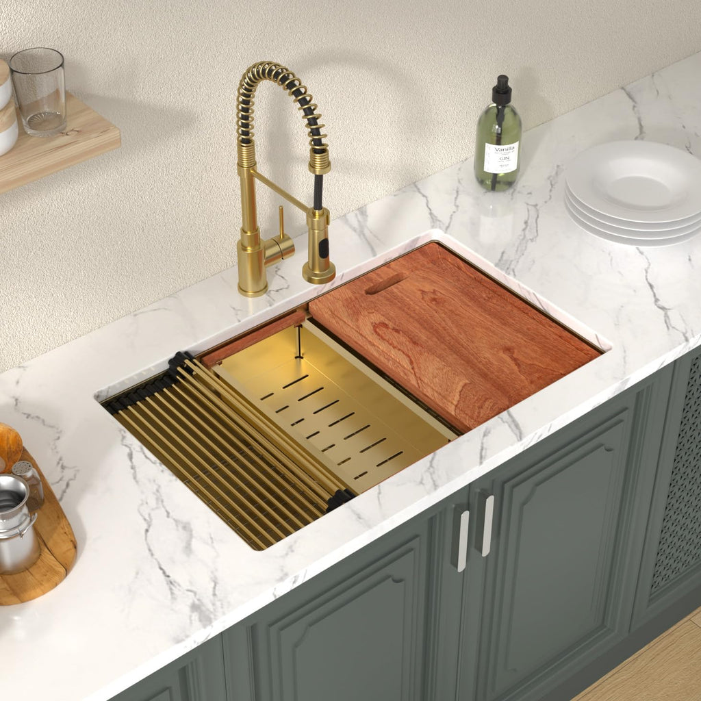 Gold Undermount Kitchen Sink Workstation 30 Inch Kitchen Sink 16 Gauge Stainless Steel Under Counter Sink Single Bowl
