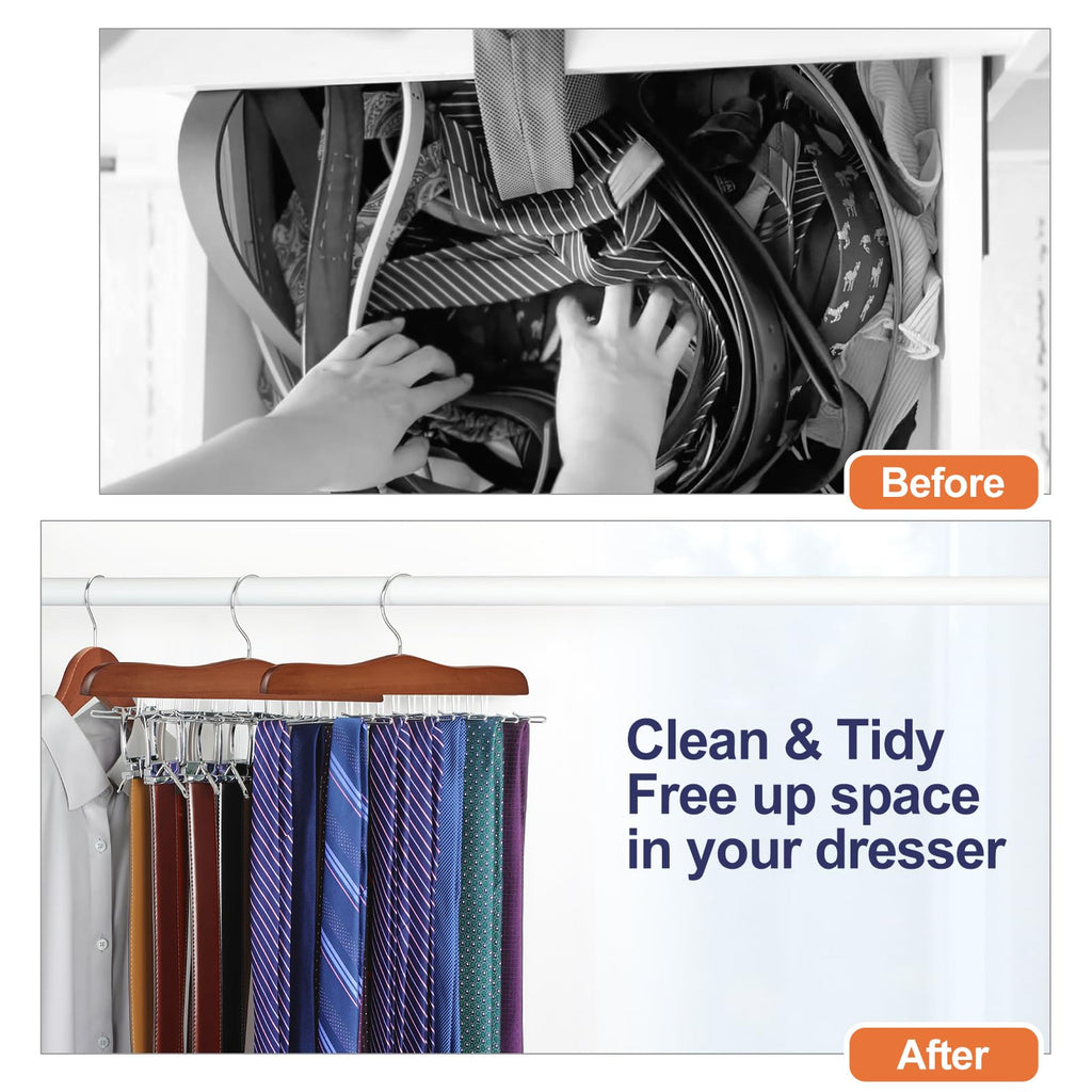 Tie Rack Hanger for Closet 2 Packs, Wooden Tie Organizer for Men with 24 Folding Hooks, Space Saving Necktie Holder