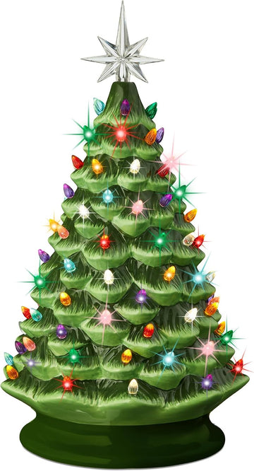 18in Large Ceramic Christmas Tree, Pre-lit Hand-Painted Tabletop Holiday Decoration w/Power Cord, 2 Star, 93