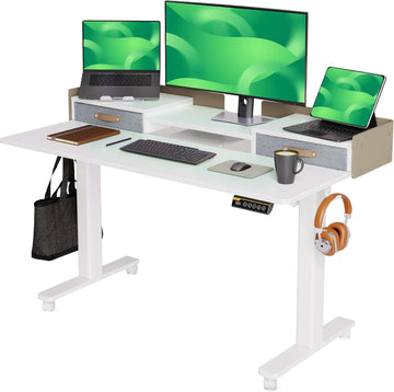 Standing Desk with Drawers & Wheels, 2 Height Shelf 55inch White | 2 height adjust shelf, tabletop drawers, felt