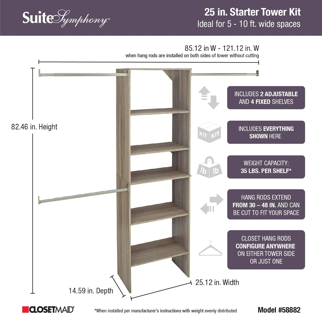 SuiteSymphony Wood Closet Organizer Starter Kit with Tower and 3 Hang Rods, Shelves, Adjustable, Fits Spaces 5 - 10