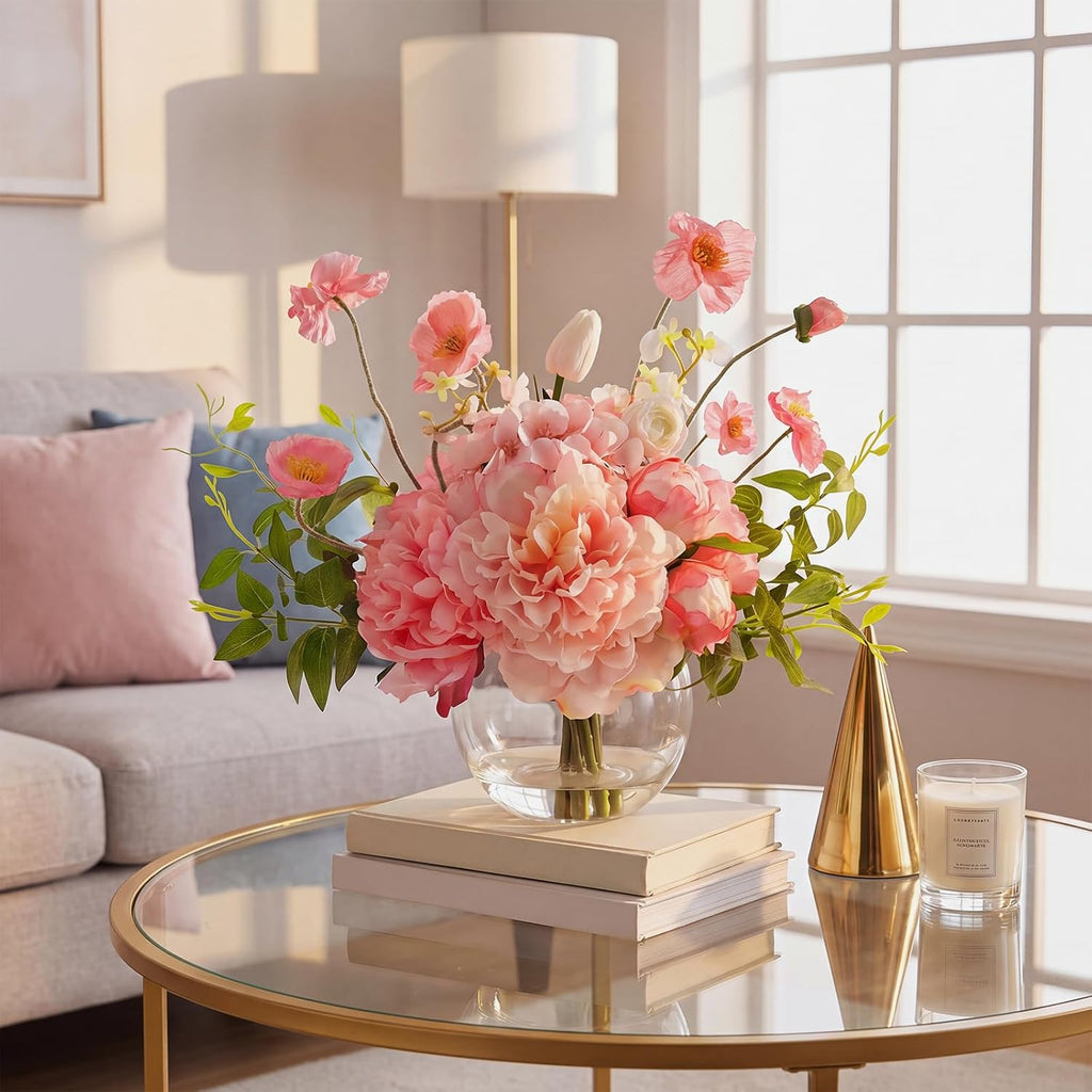 Peonies Artificial Flowers in Vase, Pink Artificial Flowers with Faux Water, Silk Peonies Flowers Arrangements Indoor