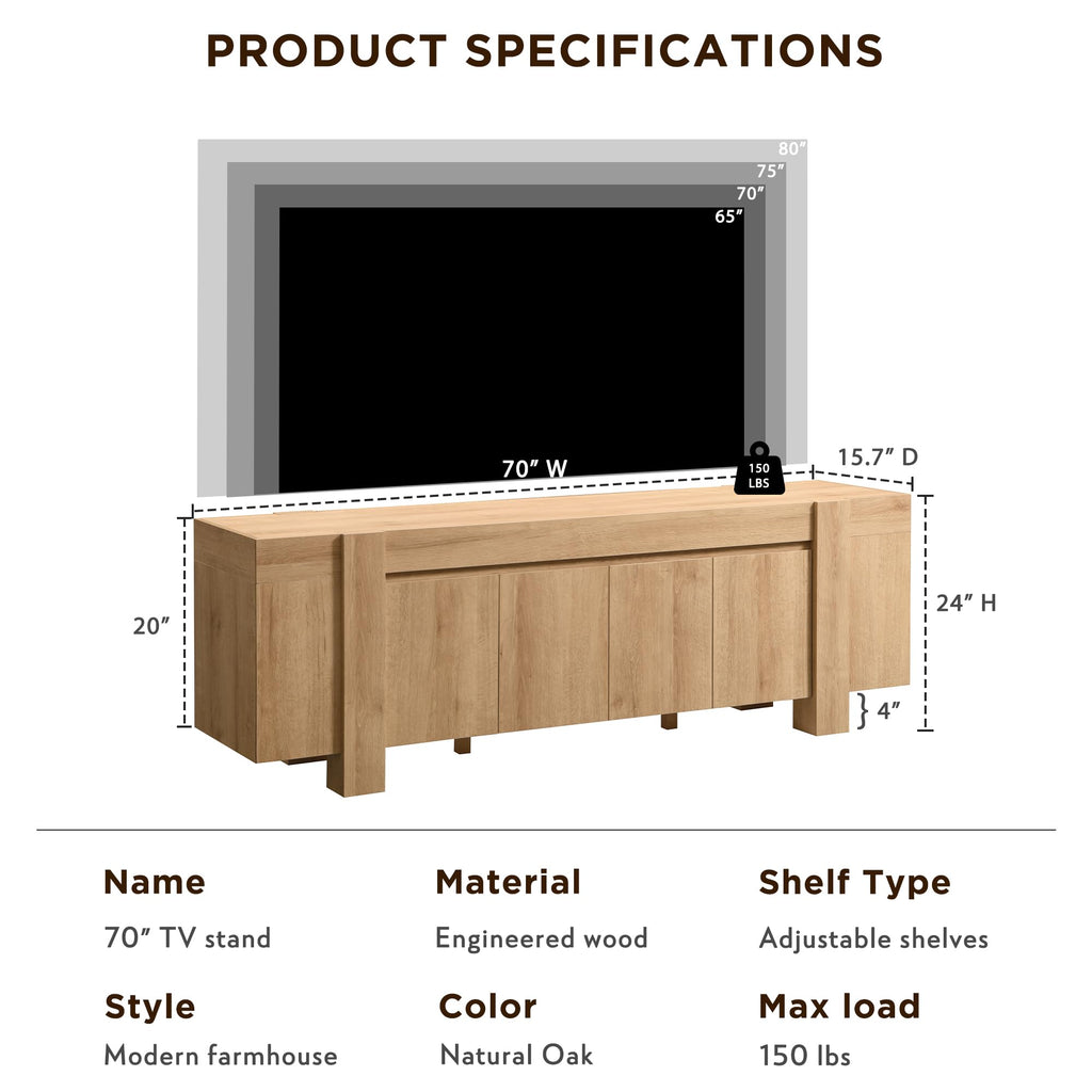 70" Modern Farmhouse TV Stand for TVs up to 80 Inch, Natural Oak