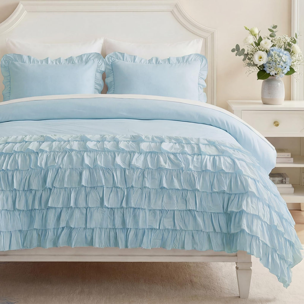 100% Cotton Duvet Cover Set Blue Ruffle Bedding Set Multi-Layers Ruffled Design Duvet Cover 3Pcs Soft Breathable