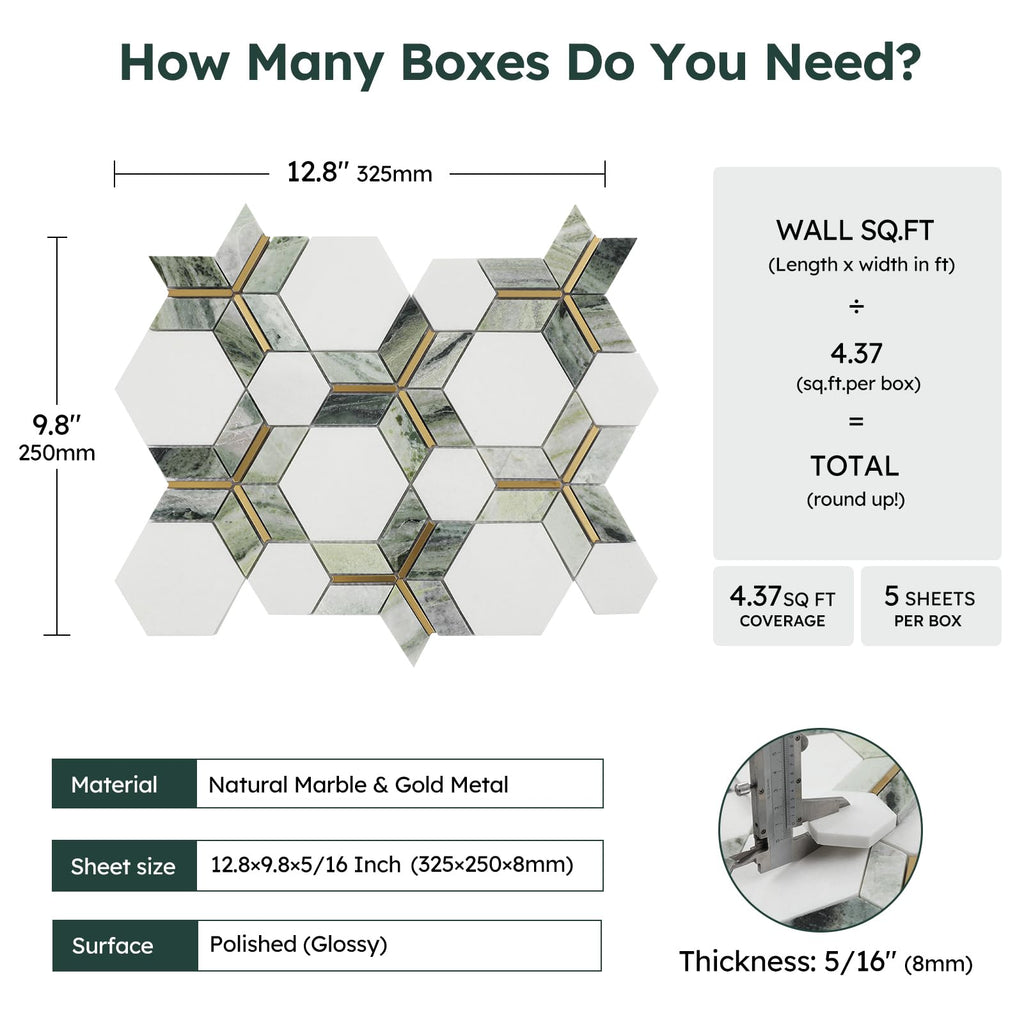 White Marble with Gold Metal Hexaong Mosaic Tile Polished, 5 Sheets