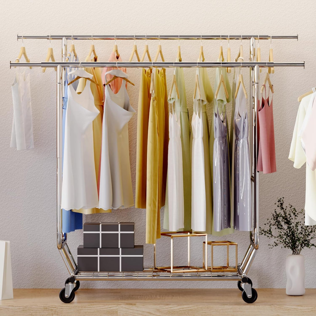 Clothes Rack Heavy Duty Clothing Rack Load 650 LBS Collapsible Garment Rack with Wheels Double Rod Clothes Rack for