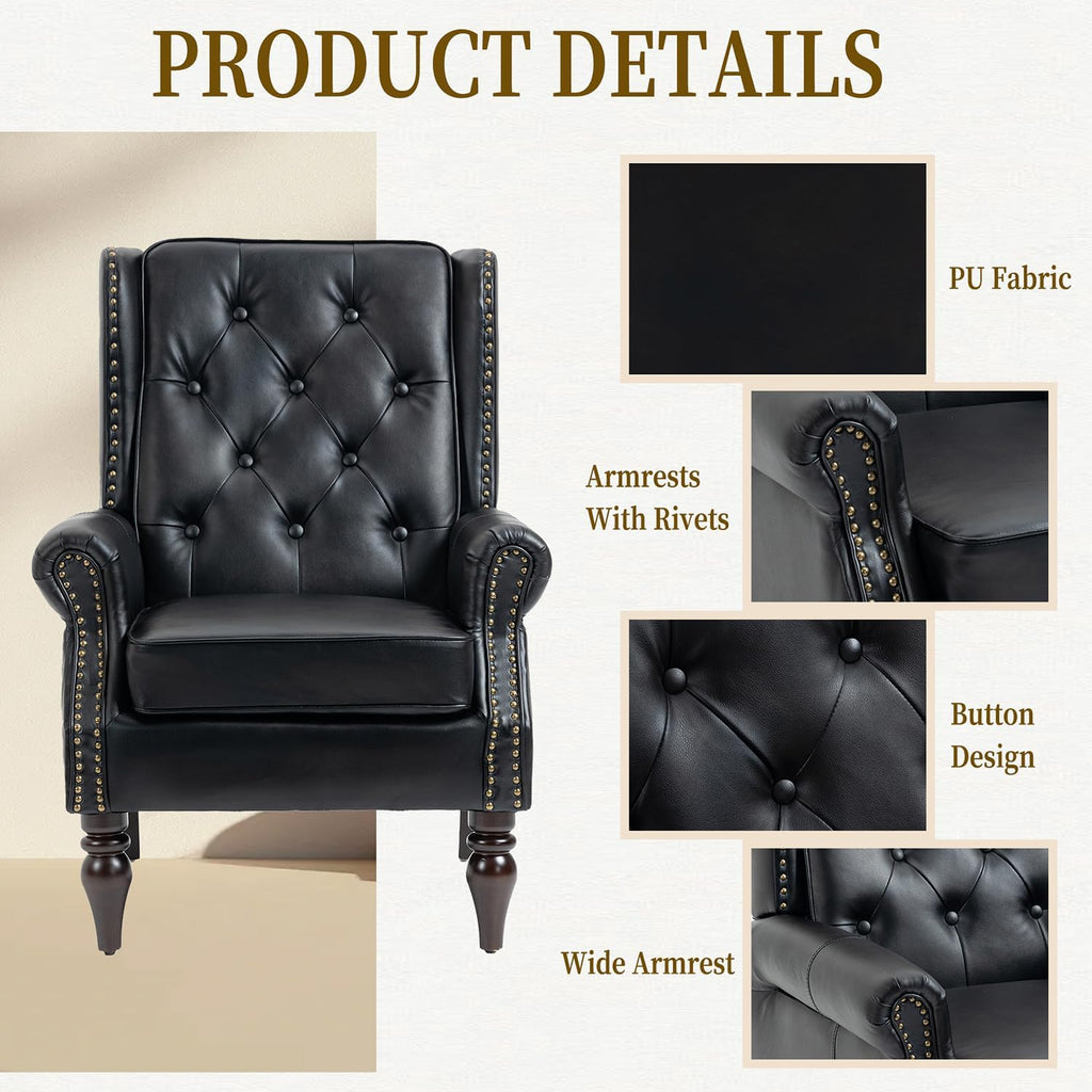 Mid-Century Wingback Chair, PU Leather Accent Chair Armchair with Buttons,Modern Living Room Chairs with Rivet