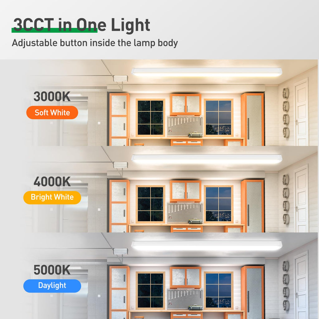 3CCT 3000K/4000K/5000K Adjustable LED Wraparound Light, 4FT 40W LED Shop Lights, Low-Profile Flush Mount Ceiling
