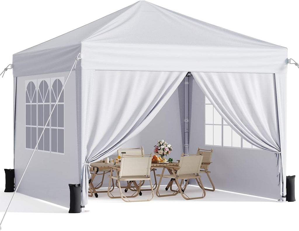 10x10 Pop Up Canopy with Sidewalls, Instant Portable Canopy Tent with Carry Bag Events, Camping, Parties - White
