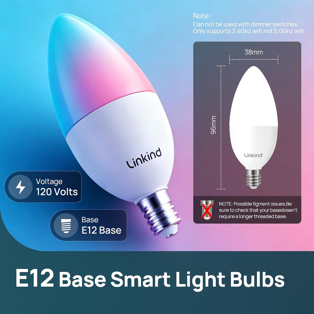 Matter Smart Light Bulbs, E12 Led Bulb Compatible with Alexa, 500LM Smart Bulbs for Chandelier, Color Changing RGBTW