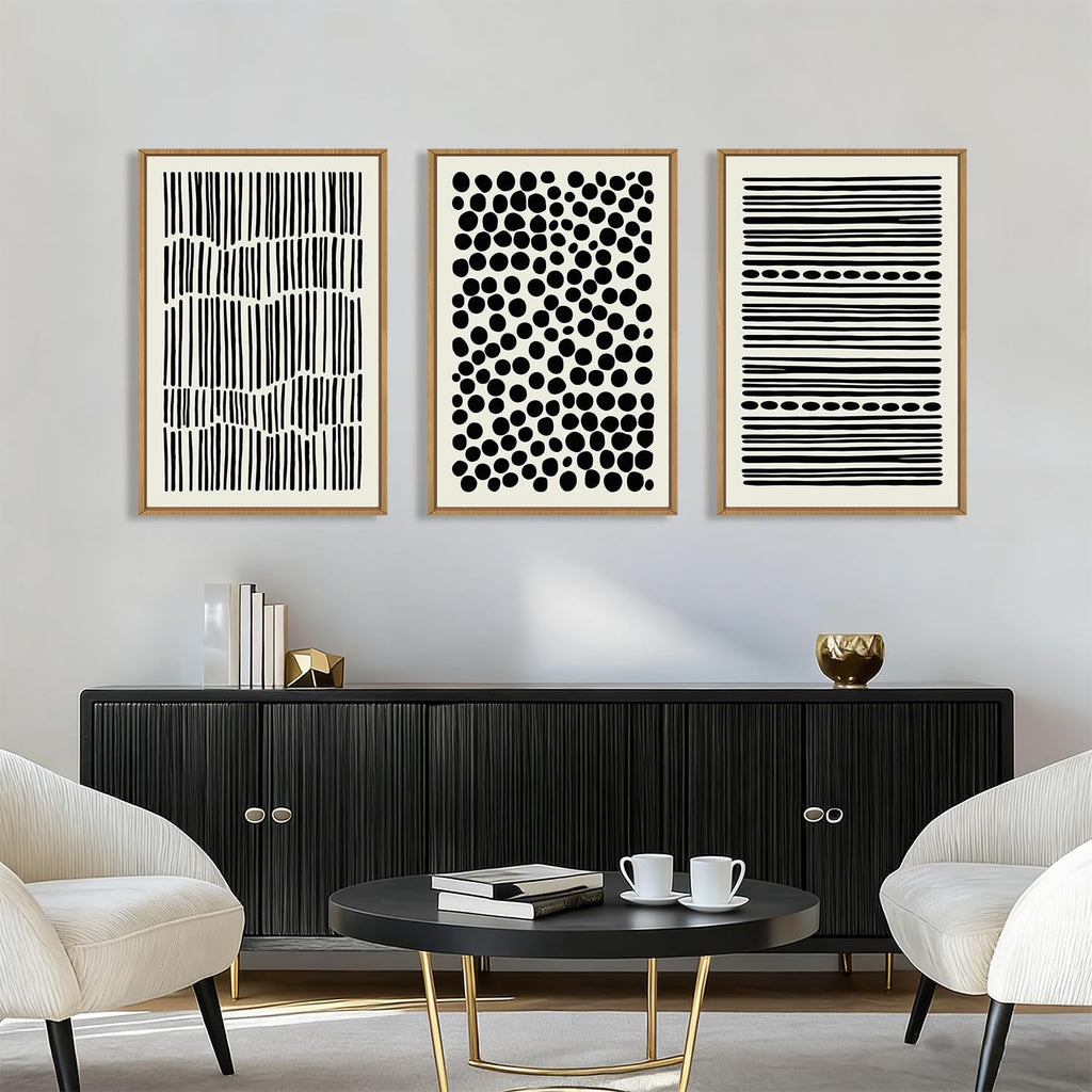 Abstract Black and White Framed Canvas Wall Art Set, Modern Geometric Wall Decor, Minimalist Line Art Prints, Neutral