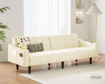 80'' Leather Couch, Futon Sofa Bed, Faux Leather Couch with Adjustable Backrest, 2 Cup Holders & Side Pockets, Mid
