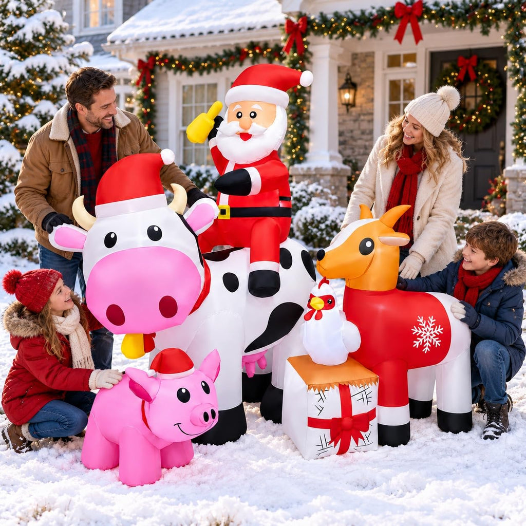 6FT Christmas Inflatables Santa Farm Scene with Blow Up Cow, Pig, Chicken & Gifts, LED Lighted Christmas Decorations