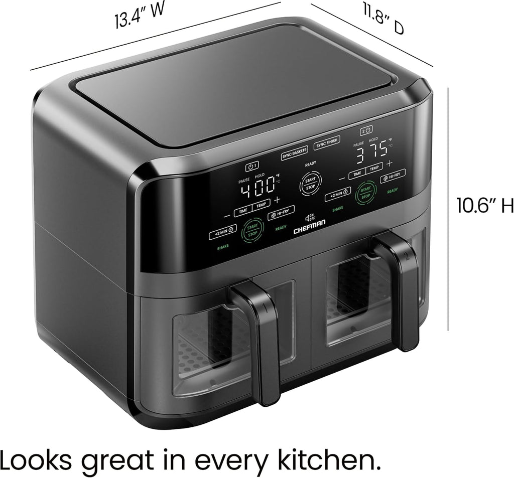 6 Quart Dual Basket Air Fryer Oven with Easy View Windows, Sync Finish, Hi-Fry, Auto Shutoff, 2 Independent 3Qt