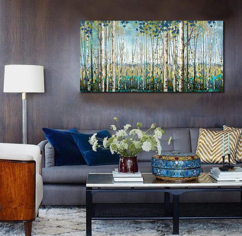 Large Framed Birch Tree Canvas Wall Art Nature Painting Decor | Teal Artwork, and Office Pictures 24×48IN