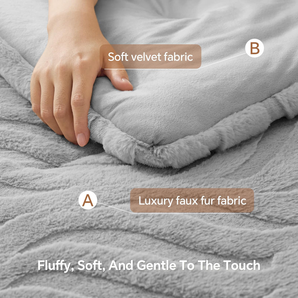Fluffy Faux Fur Comforter Set, Fuzzy Bedding Set, Light Grey