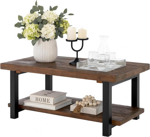 Pomona Living Room Collection - 42 Inch Rectangular Solid Wood Coffee Table with Storage Shelf & Metal Legs