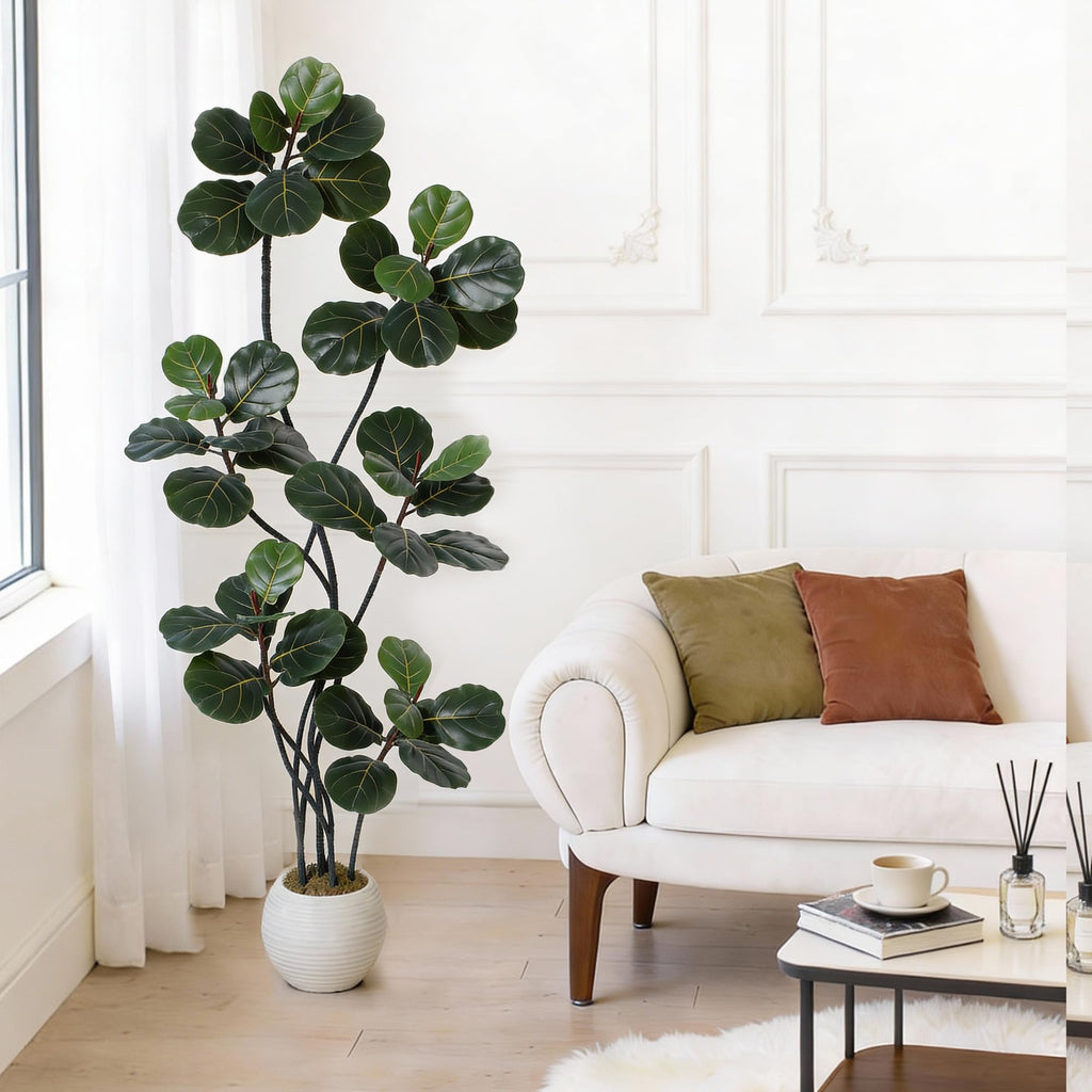 7FT Artificial Ficus Lyrata Tree, Bendable Boughs, Modern White Pot Included, Perfect Living Room Decor Indoor, Tall