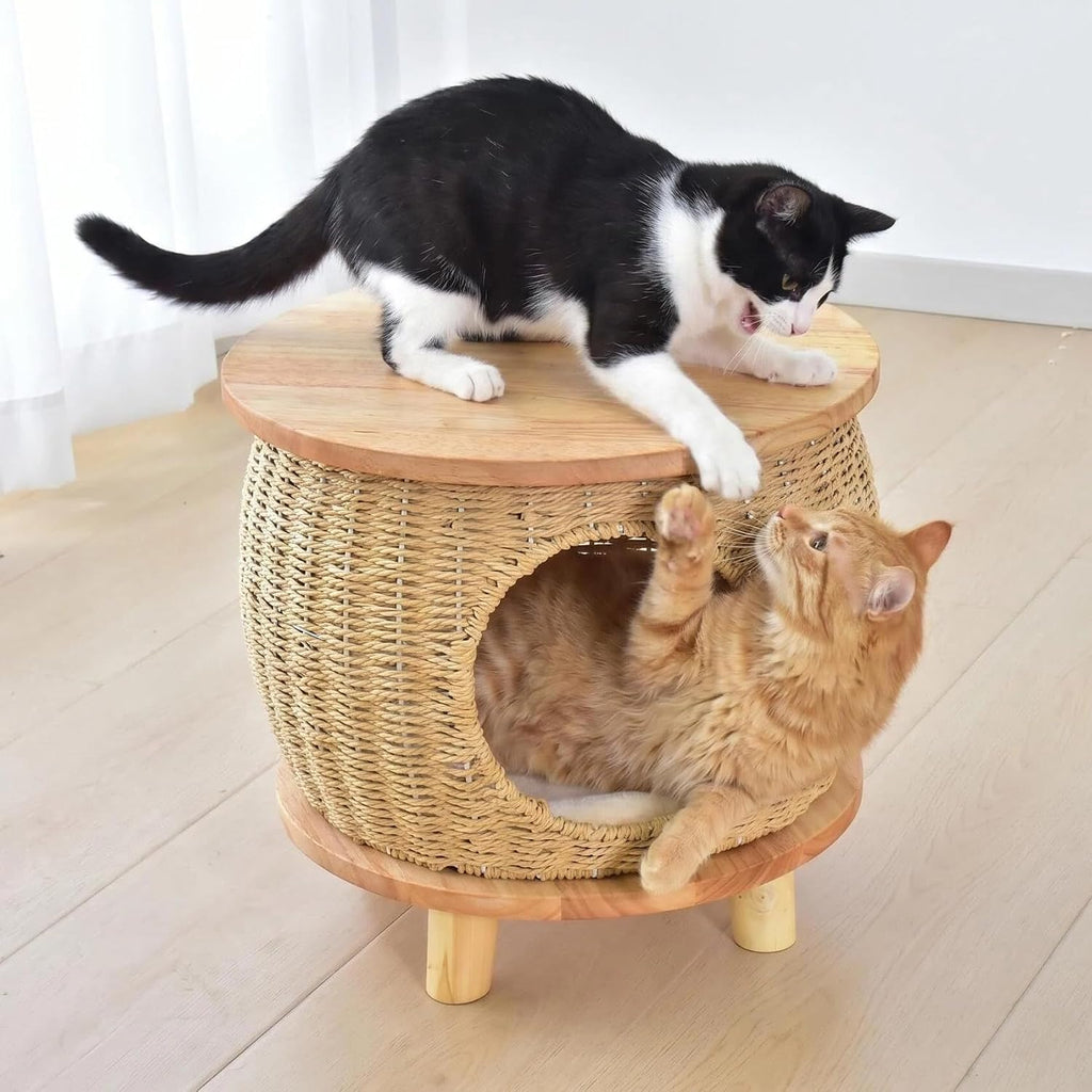 16" Wide Elevated Enclosed Handwoven Basket Cat Bed with Natural Solid Wood Base, Rattan Wicker Cat Cave Hideaway