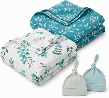 Piece Baby Swaddle Set, 2 Muslin Blankets with 2 Knot Hats