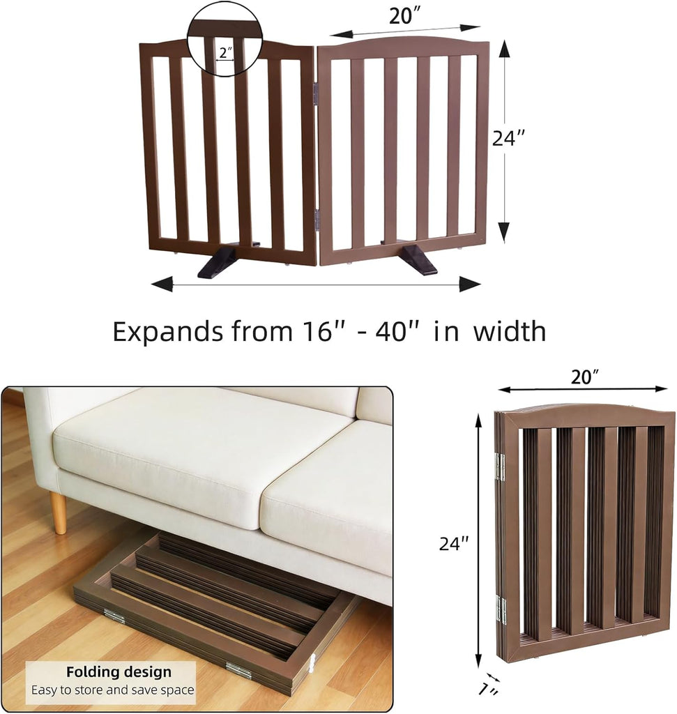 Freestanding Dog Gate Indoor, Doggie Gate Foldable Pet Gates for Doorways, Stairs or Hallways, Wooden Brown Pet Gate