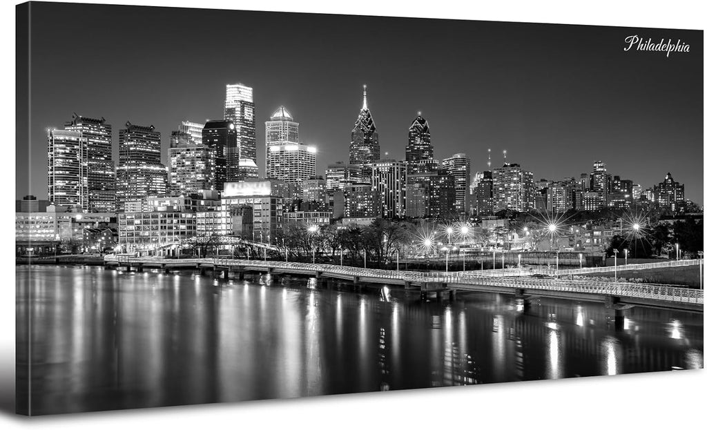 Philadelphia Skyline Canvas Wall Art Black and White Pennsylvania Cityscape Pictures Philly City Night View Prints