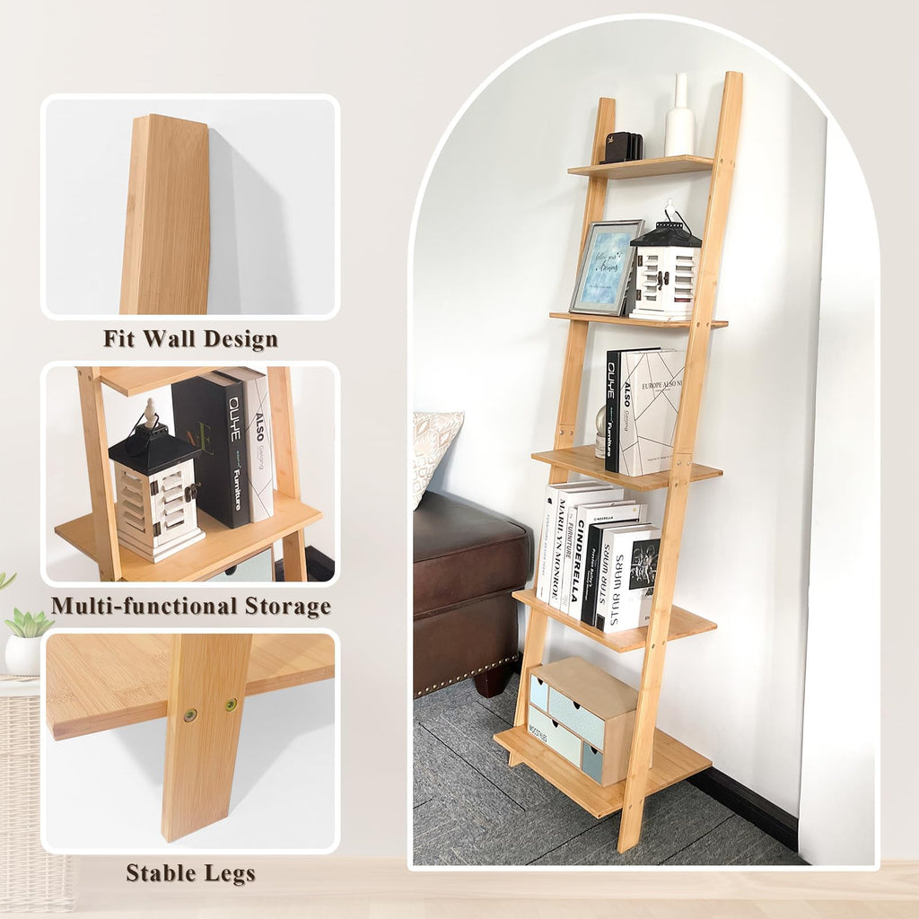 Wall Leaning Ladder Shelf Bookcase, 5-Tier Bamboo Storage Rack Shelvest, FreeStanding Plant Stand, Corner Display