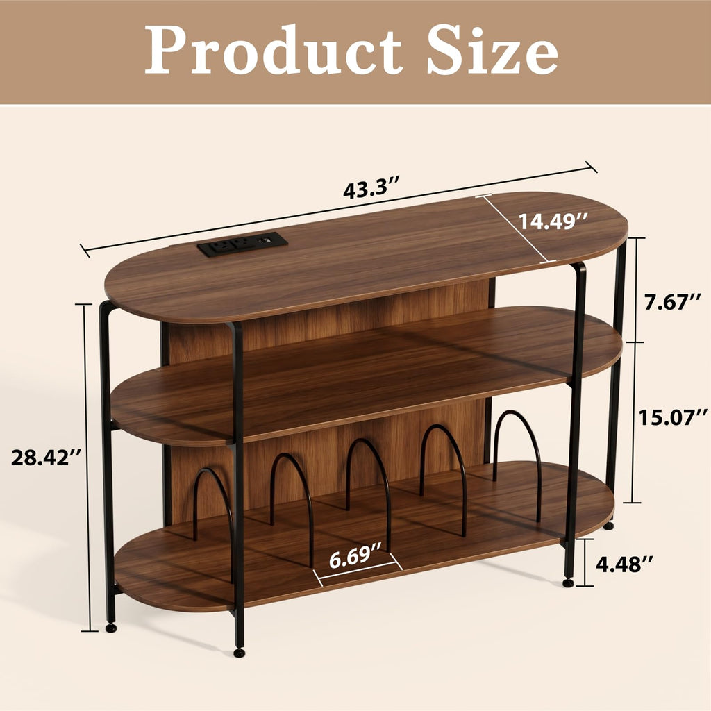 Vinyl Record Player Stand with Power Outlets, 43.3" Mid Century Turntable Stand Console Table, 3-Tier Arc Record