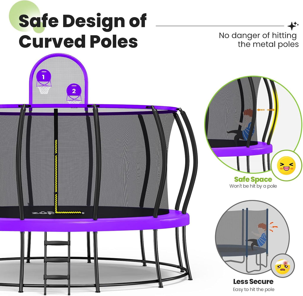 1800LBS Capacity No-Gap Design 16 15 14 12FT Trampoline with Safety Enclosure Net and Non-Slip Ladder 10-Year Quality