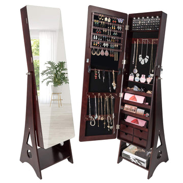 Jewelry Cabinet 6 LED Standing Mirrored Armoire Lockable Organizer 3 Angle Adjustable with 4 Drawers, Large Capacity
