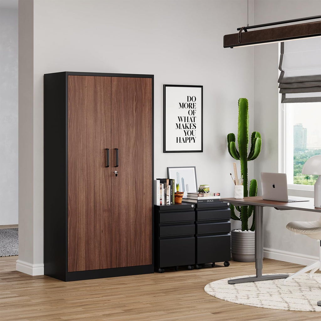Metal Wardrobe Cabinet with Locking Doors, Metal Storage Armoire Closet for Clothing, 2 Door Woodgrain Locker Cabinet